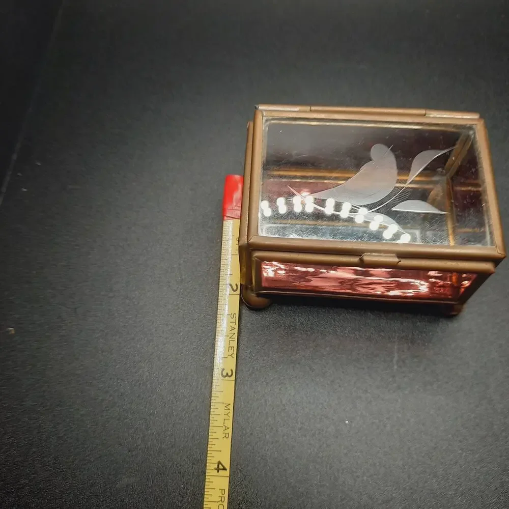 VTG Brass Glass Bird Trinket Box Pink Amethyst Slag Footed Hecho En Mexico